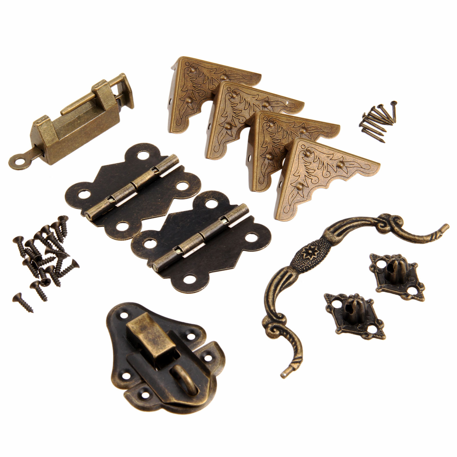 Furniture Hardware Factory - 9ชิ้น/เซ็ตอุปกรณ์เฟอร์นิเจอร์จีนฮาร์ดแวร์ทองเหลืองโบราณไม้กล่อง Latch Hasp + มือจับ +