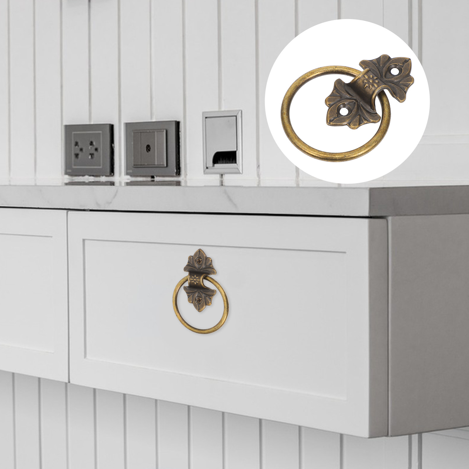Furniture Hardware Drop Pulls - มือจับตู้แบบวงแหวนสไตล์เรโทร 2 ชิ้น ด้ามจับลิ้นชักวินเทจ วัสดุโลหะผสมสังกะสี อุปกรณ์ตกแต่งเฟอร์นิเจอร์สำหรับตู้และตกแต่งบ้าน